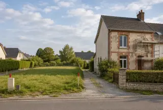 Terrain constructible avec piquets de bornage à côté d’une maison ancienne à rénover dans un quartier résidentiel.